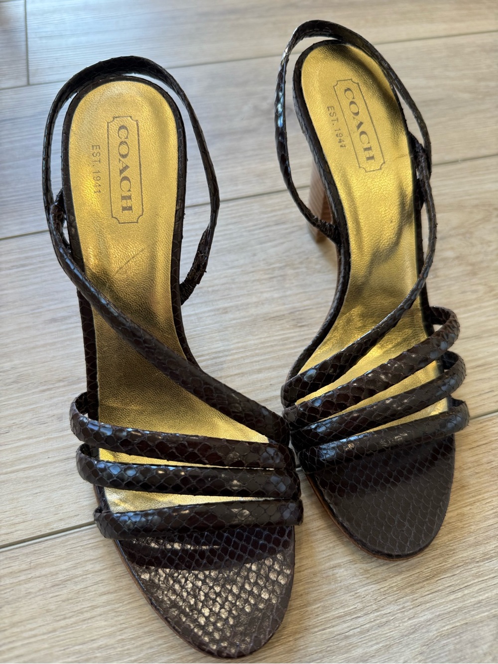 COACH Brown Snakeskin-Texture Strappy Slingback Heels w/ Gold Insole NEW IN BOX